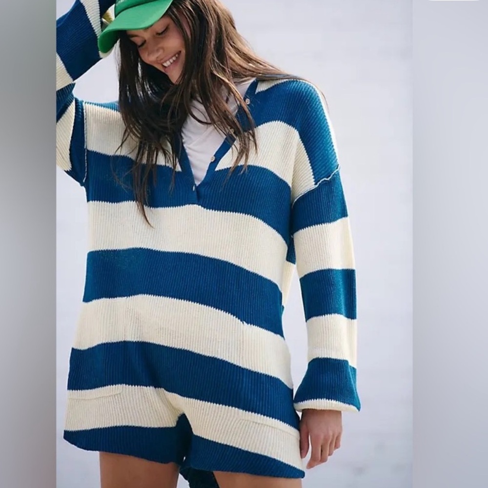 Free People Beach Knit Picnic Stripe Sweater Romper In Sailers Blue Combo medium